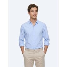Kip Mavi Çizgili Regular Fit Uzun Dokuma Casual %100 Pamuk Gömlek