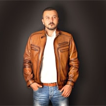 Deriwork Hakiki Kuzu Derisi Taba Erkek Deri Mont Dört Cepli Fermuarlı Deri Ceket Taba