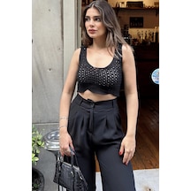 WeShaya Kadın Siyah Ajurlu Merserize Triko Örme, Terletmez, Askılı Crop Bluz Siyah