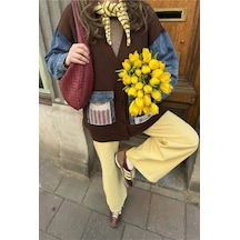 Femelle Kadın Kahverengi Kot Cepli Kilim Desen Kolları Kot Oversize Düğmeli %100 Pamuk Triko Hırka