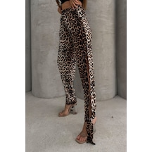 Lesa Wear Leopar Desenli Yumuşacık Yüksel Bel Likralı Yırtmaç Detaylı Jarse Pantolon Flared Leopar