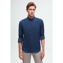 D'S Damat Ds Damat Slim Fit İndigo Oxford Düğmeli Yaka Kolay Ütülenebilir Nakış Detaylı Pamuklu Gömlek 4HC02ORT03265 İndigo