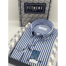 Slim Fit Uzun Kol Likralı Çizgili Yaka Düğmeli Hediye Kutulu Erkek Gömlek Fs-003669 - İndigo-2432 Indigo