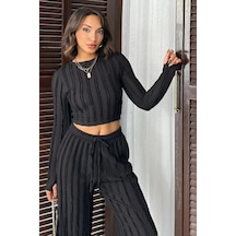 Trend Alisse Siyah Kışlık Premium Fitilli Parmak Geçmeli Crop Bluz Bol Paça Pantolon Takımı