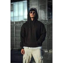 Yake Store Üç İplik Penye Kapşonlu Basic Sweatshirt - Siyah - Siyah