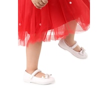 Kiko Kids Cırtlı Fiyonklu Kız Çocuk Babet Ayakkabı Ege 201 Cilt Beyaz