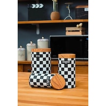 Ucr Home 3'lü Set Metal Çay Kahve Şeker Saklama Kavanozu - Dama Desenli Çok Renkli