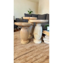 Wood Wooden Ahşap 3 Lü Set Fitilli Mantar Yan Sehpa Modern Naturel Renk Fiskos Kahverengi