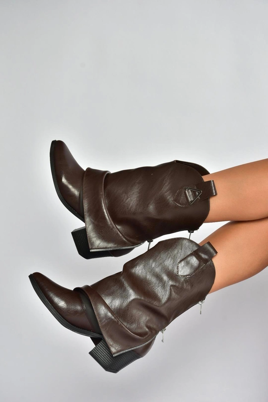 Fox Shoes V973601009 Kahverengi Kalın Topuklu Western Kovboy Kadın Bot Kahverengi-suni Deri
