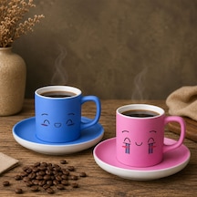 Bk Gift 2'li Mavi Ve Pembe Renkli Emoji Yüz Tasarımlı Seramik Türk Kahvesi Fincanı Takımı-9 Çok Renkli