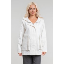 Kadın Power Likralı Pamuklu Kumaş Kapişonlu Fermuarlı Kordonlu Pis Dikişli Mont Ekru