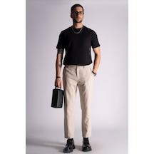 Braccas Beli Yarım Lastikli Slim Fit Chino Çizgili Crop Pantolon Bej Çizgili Bej Çizgili Bej