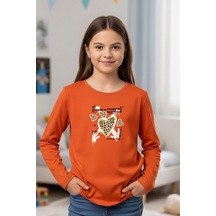 Yuvarlak Yaka Kalp Baskılı Kız Çocuk Sweatshirt Turuncu