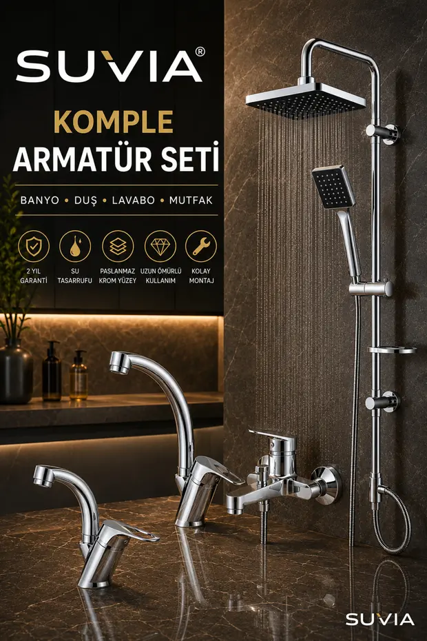 Armatür Seti 4'lü Banyo Bataryası Yağmurlama Duş Seti Lavabo Ve Mutfak Bataryası Krom