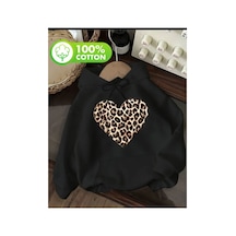 Herkesemoda Leopar Kalp Baskı Detaylı İçi Polarlı Kapüşonlu Sweatshirt Siyah