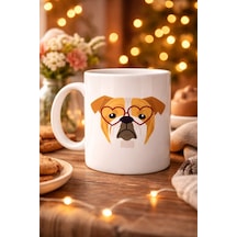 Kalpli Gözlüklü İngiliz Bulldog Tasarımlı Porselen Kupa Model 52 Sevimli Köpek Desenli Kahve & Çay Kupası Çok Renkli