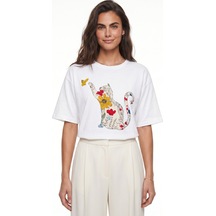 Onloox Kadın Beyaz Beyaz Pamuklu Bisiklet Yaka Oversize Kısa Kollu Kedi Baskılı Yumuşak Dokulu T-shirt