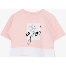 Breeze Kız Çocuk Crop Tişört Yazı Baskılı Yanları Yırtmaçlı 9-14 Yaş, Pembe-pembe Pembe
