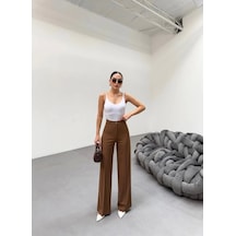 Defymoda 230 Gr Poly Viscose Lycra Metal Düğme Palazzo Pantolon Taba
