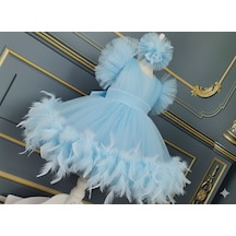 Star Kids Fashion Kız Çocuk Mavi Tüylü Elbise,kız Çocuk Abiye Elbise, Toka Dahil Açık Mavi