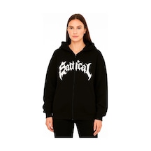 Kadın Kapüşonlu 3 İplik Şardonlu Önü Baskılı Fermuarlı Oversize Sweatshirt - Siyah