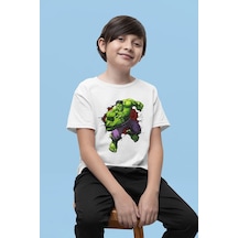 Sevbano Hulk Baskılı Unisex Avengers Film Kahramanı Çocuk Tişört 1-12 Ya Beyaz