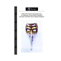 Dekoratif Hatıra Nostaljik Süs Ev Hediyesi Fuşya Renk İşlemeli Seramik Venedik Uzun Maske Magnet
