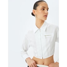 Koton Slim Fit Uzun Kollu Klasik Yaka Crop Fermuarlı Gömlek Kırık Beyaz 5sak60136pw Ekru