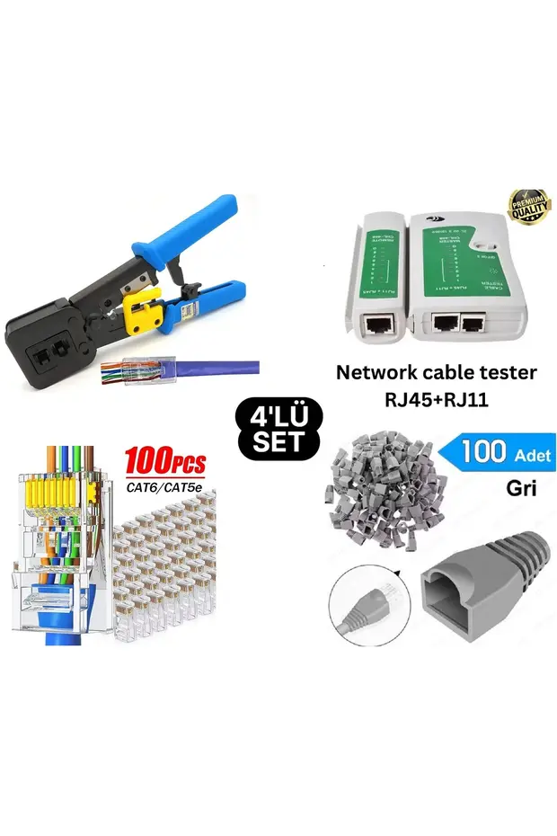 Yeni Nesil Rj45 Ezrj45 Pense + Rj45 Rj11 Test Cihazı + 100 Adet Yeni Nesil Delikli Açık Uclu Rj45 + 100 Adet Boot Kılıf Network