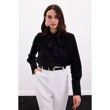 Sateen Fularlı Gömlek - Siyah-136899 Siyah