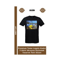 Grey Cat Premium Tema Logolu Kadın T-shirt Ukrayna Giyinmek Tasarım Yeni Sezon 001-siyah