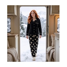 Pijamoni Kadın Waffle Kumaş Göğüs Cepli Uzun Kollu Pijama Takımı Siyah