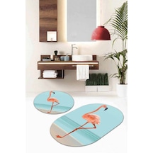Turkuaz Flamingo Banyo Halısı Klozet Oval Paspas Seti Bs085n11