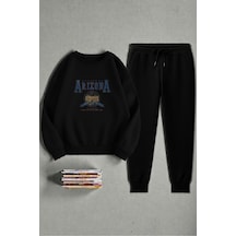 Uyguntarz Unisex Arizona Tasarım Basklı Bisiklet Yaka Sweatshirt - 2'li Eşofman Takımı Siyah
