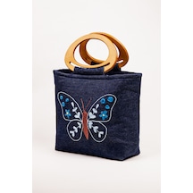 Fabric Craft Bag El Çantası Kot Kumaş Ahşap Saplı Kelebek Nakışlı İçi Astarlı Mıknatıslı 38x30 Cm Kot Lacivert
