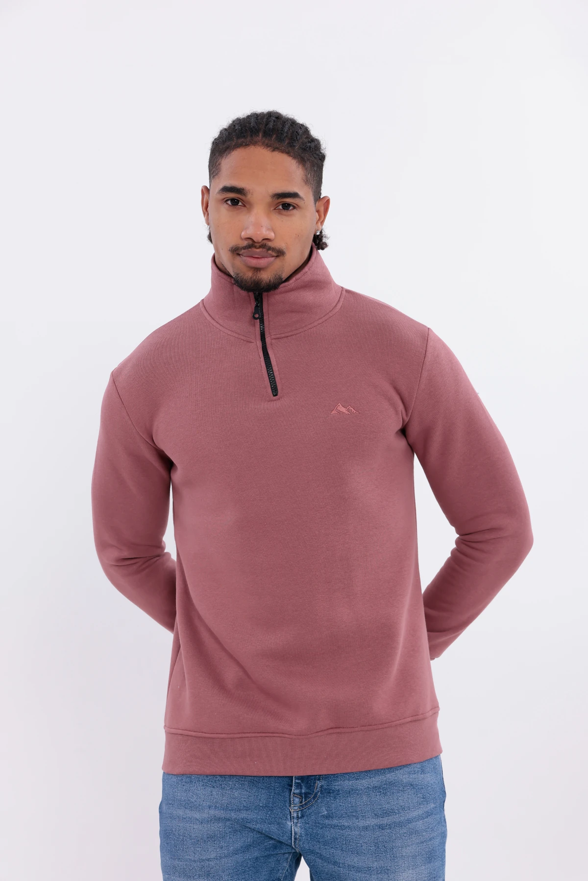 S4 Yarım Fermuarlı 3 İplik Şardonlu Sweatshirt Gülkurusu