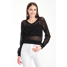 V Yaka Petek File Bluz Siyah