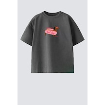 Monila Kız Çocuk Pamuklu Bisiklet Yaka Baskılı T-shirt Antrasit