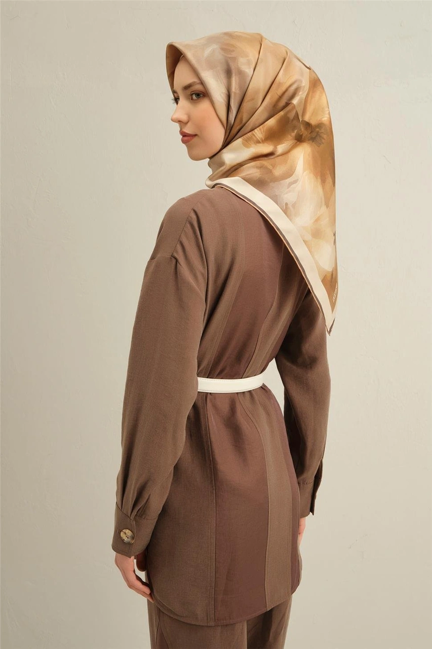 Armine Çiçek Desenli Saf İpek Sura Eşarp 9310d 36 KAhverengi