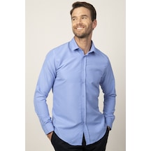 Tudors Slim Fit Uzun Kollu Kolay Ütü Teri Emen Nefes Alan Doku Kravatlık Dört Mevsim Erkek Gömlek Mavi