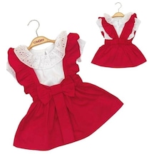 Kız Bebek Arkası Fiyonklu Askılı Bebe Yaka Elbise Takım-12039-kırmızı