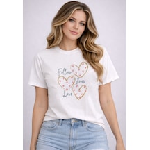 Herkesemoda Follow You Love Baskı Detaylı Kadın Bisiklet Yaka Pamuklu T-shirt Beyaz