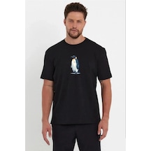 Erkek T-shirt Penguen Baskılı Bisiklet Yaka Kısa Kol Yazlık Tişört - Siyah