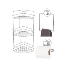 Banyo Aksesuarı 3 Lü Set Kare Havluluk + Tuvalet Kağıtlığı + Banyo Köşe Rafı 3 Katlı Şampuanlık Krom