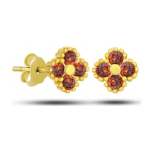 Gümüş Gold Yonca Çivili Kırmızı Taşlı Çocuk Küpe
