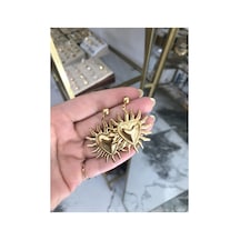 Güneş Detaylı Kalp Küpe Altın