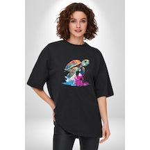 Renkli Kaplumbağa Karetta Kareta Pamuklu Bisiklet Yaka Unisex Oversize Boyfriend Dijital Baskılı Siyah T-shirt Siyah