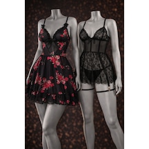 Albonishop Romantik Gül Desenli Siyah Tül Babydoll Gecelik Ve Dantel Detaylı Jartiyer Set Çok Renkli
