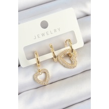 Pirinç Zirkon Taşlı Kalp Model Gold Renk 3& 39lü Çift Kadın Küpe Set Çok Renkli