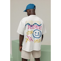Breath Deeper Yazılı Unisex Oversize Tasarım Tişört Beyaz